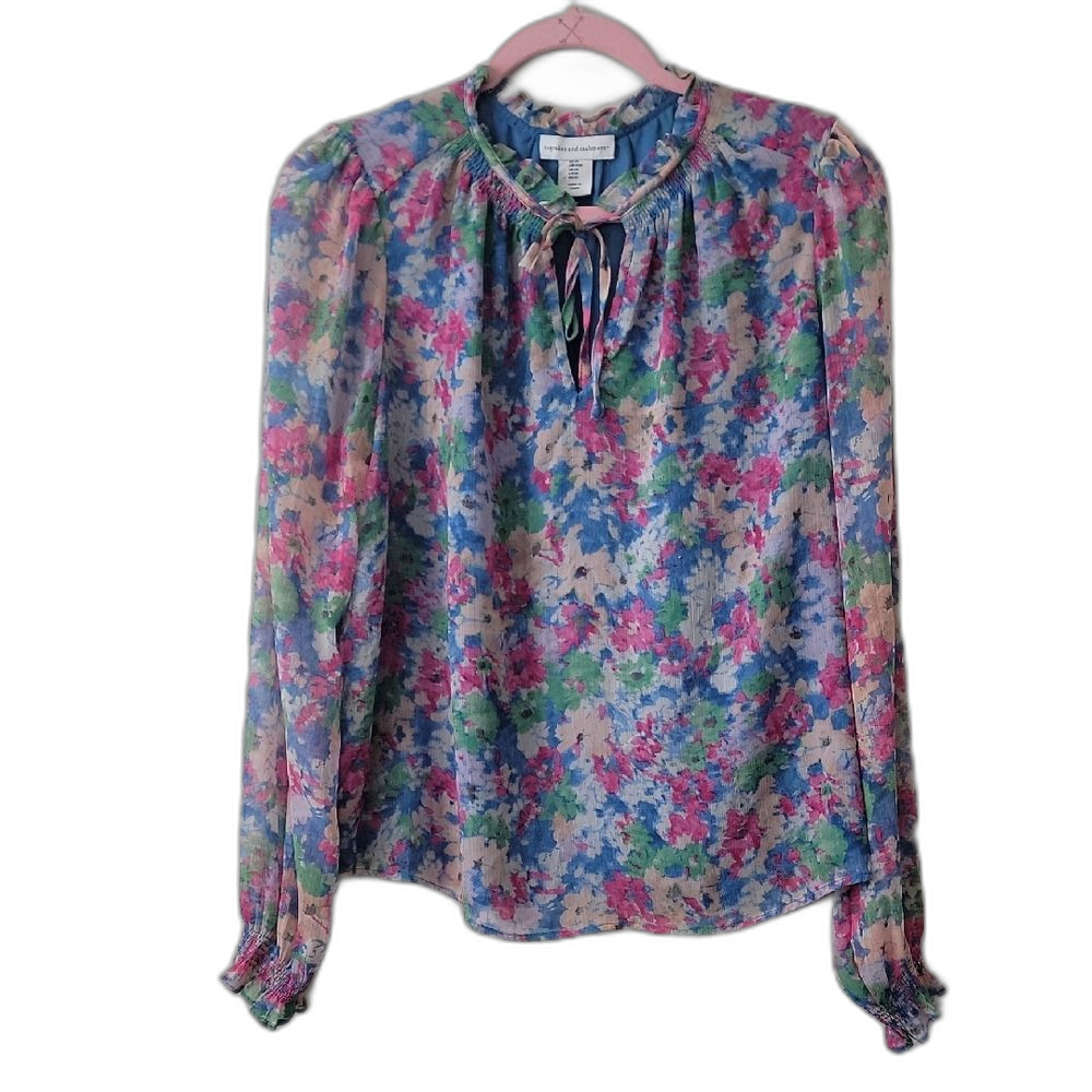 Cupcakes and Cashmere Floral Tie Neck Blouse Long Sleeve Size Medium